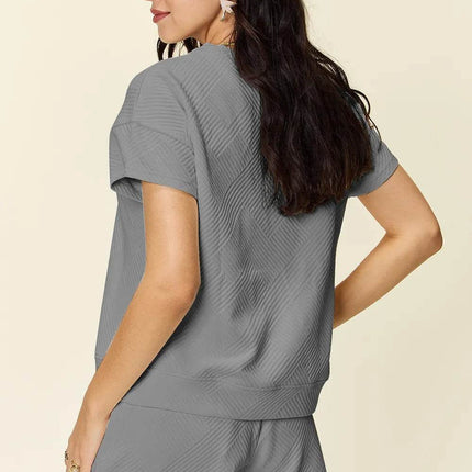 Double Take Full Size Texture Short Sleeve T-Shirt and Drawstring Shorts Set - MimiStylez