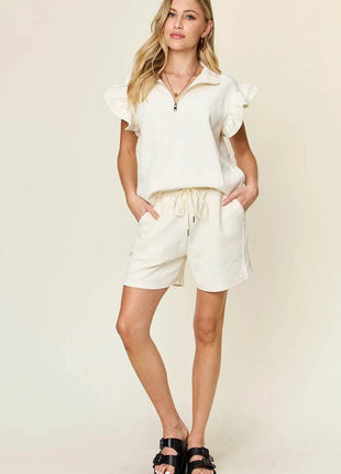 Double Take Full Size Texture Flounce Sleeve Top and Drawstring Shorts Set - MimiStylez