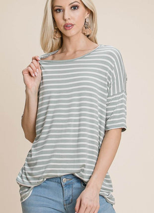 BOMBOM Striped Round Neck T-Shirt - MimiStylez