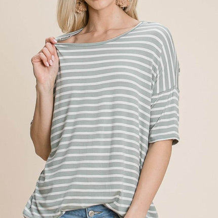 BOMBOM Striped Round Neck T-Shirt - MimiStylez