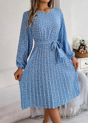 Ditsy Floral Tie Waist Pleated Dress - MimiStylez