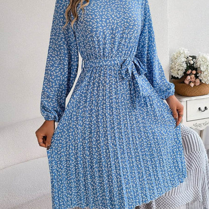 Ditsy Floral Tie Waist Pleated Dress - MimiStylez
