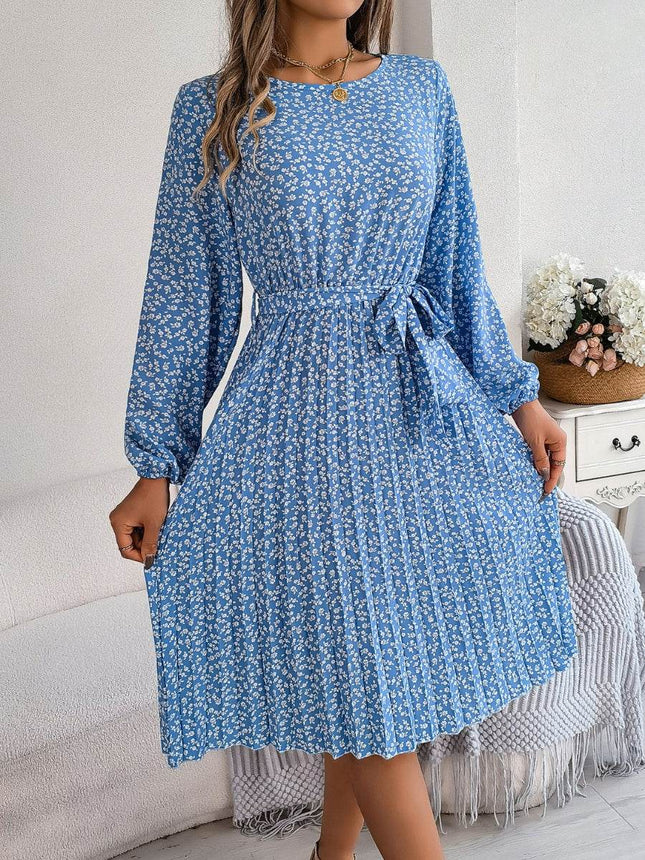 Ditsy Floral Tie Waist Pleated Dress - MimiStylez