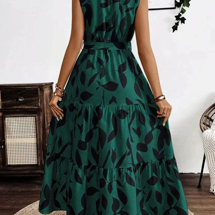 Printed Tie Waist Sleeveless Maxi Dress - MimiStylez