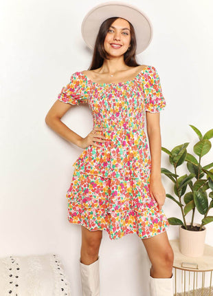 Smocked Sweetheart Neck Flounce Sleeve Mini Dress - MimiStylez