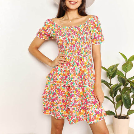 Smocked Sweetheart Neck Flounce Sleeve Mini Dress - MimiStylez
