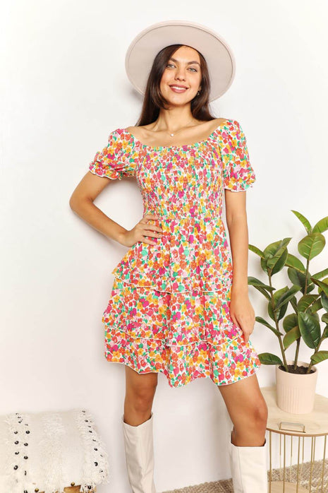 Smocked Sweetheart Neck Flounce Sleeve Mini Dress - MimiStylez