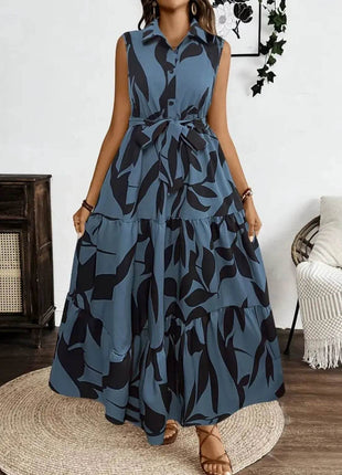 Printed Tie Waist Sleeveless Maxi Dress - MimiStylez