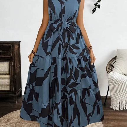 Printed Tie Waist Sleeveless Maxi Dress - MimiStylez