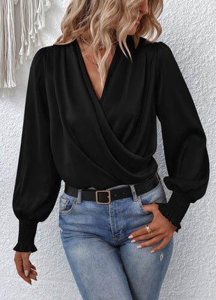 Surplice Smocked Lantern Sleeve Blouse - MimiStylez