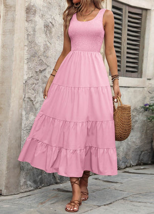 Smocked Scoop Neck Sleeveless Tank Dress - MimiStylez