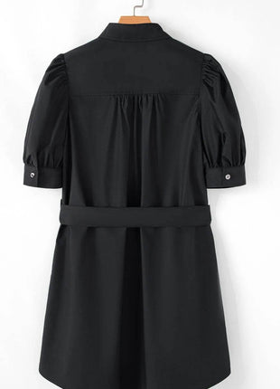 Button Up Tie Waist Puff Sleeve Mini Shirt Dress - MimiStylez