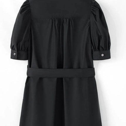 Button Up Tie Waist Puff Sleeve Mini Shirt Dress - MimiStylez