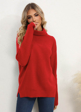 Slit Turtleneck Dropped Shoulder Sweater - MimiStylez