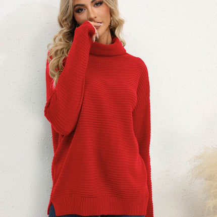 Slit Turtleneck Dropped Shoulder Sweater - MimiStylez