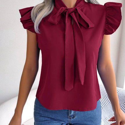 Tie Neck Cap Sleeve Blouse - MimiStylez