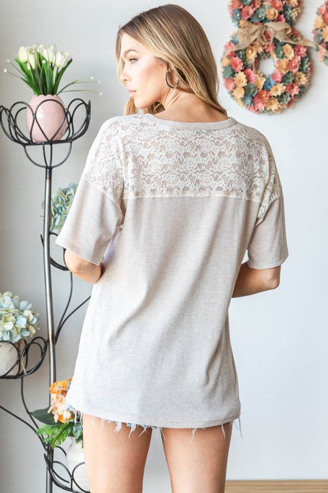 Heimish Full Size Lace Front Pocket Drop Shoulder Top - MimiStylez