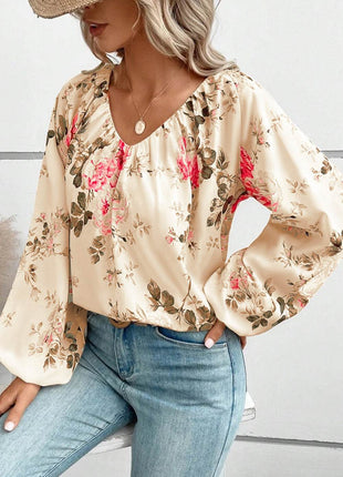 Floral V-Neck Balloon Sleeve Blouse - MimiStylez