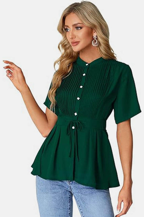 Tied Round Neck Short Sleeve Blouse - MimiStylez