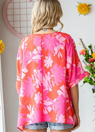 First Love Slit Printed Round Neck Half Sleeve Blouse - MimiStylez