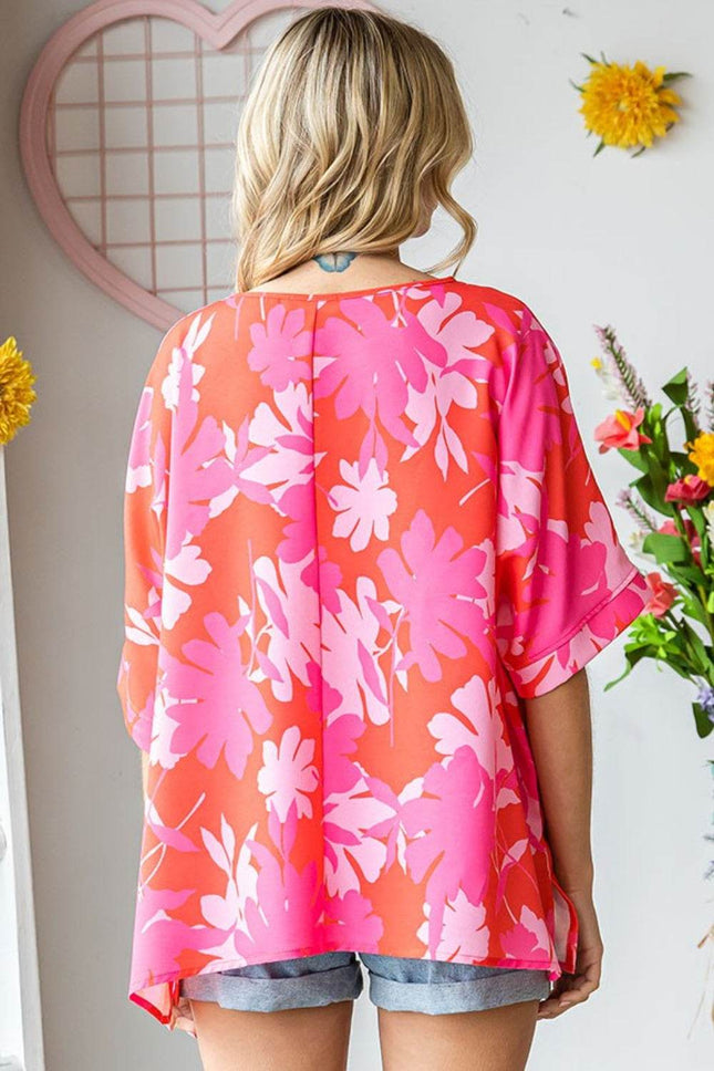 First Love Slit Printed Round Neck Half Sleeve Blouse - MimiStylez