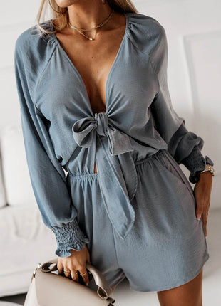 Tied Flounce Sleeve Plunge Romper - MimiStylez