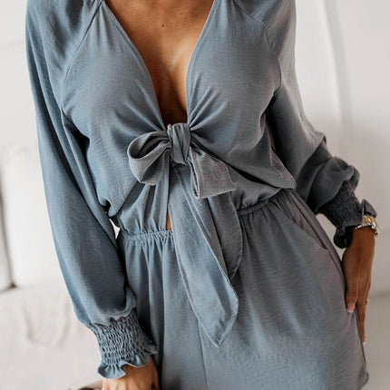 Tied Flounce Sleeve Plunge Romper - MimiStylez