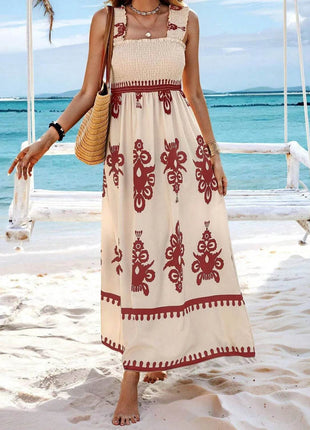 Smocked Printed Wide Strap Maxi Dress - MimiStylez