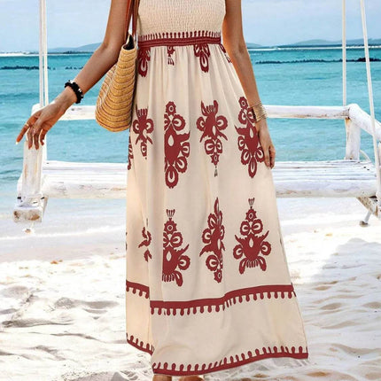 Smocked Printed Wide Strap Maxi Dress - MimiStylez