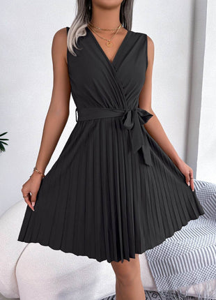Tied Surplice Sleeveless Pleated Dress - MimiStylez