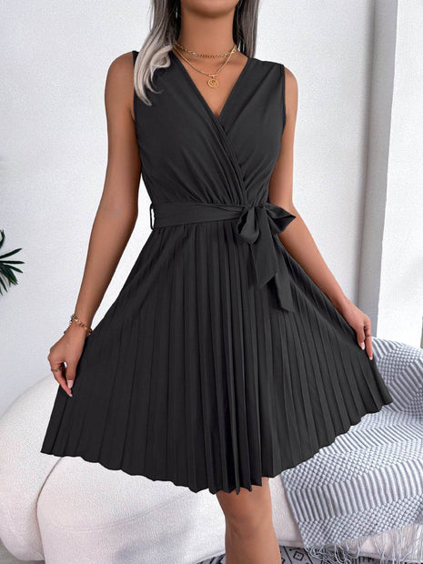 Tied Surplice Sleeveless Pleated Dress - MimiStylez