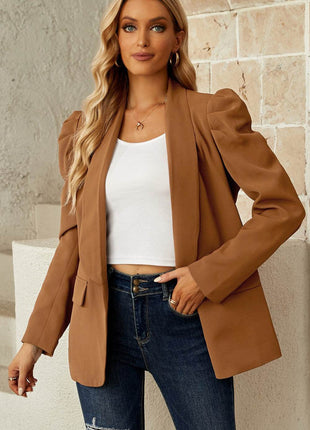 Double Take Puff Sleeve Shawl Collar Blazer - MimiStylez