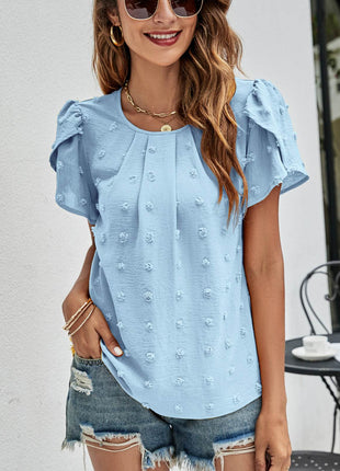Swiss Dot Round Neck Petal Sleeve Top - MimiStylez