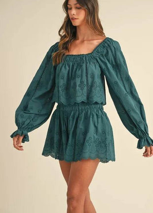 MABLE Embroidered Scalloped Lace Top and Short Set - MimiStylez