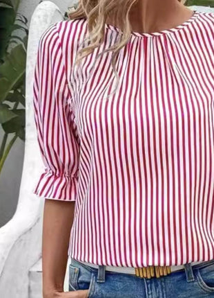 Striped Round Neck Half Sleeve Casual Blouse - MimiStylez