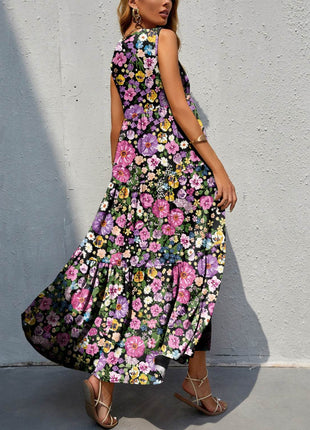 Tiered Printed V-Neck Sleeveless Dress - MimiStylez