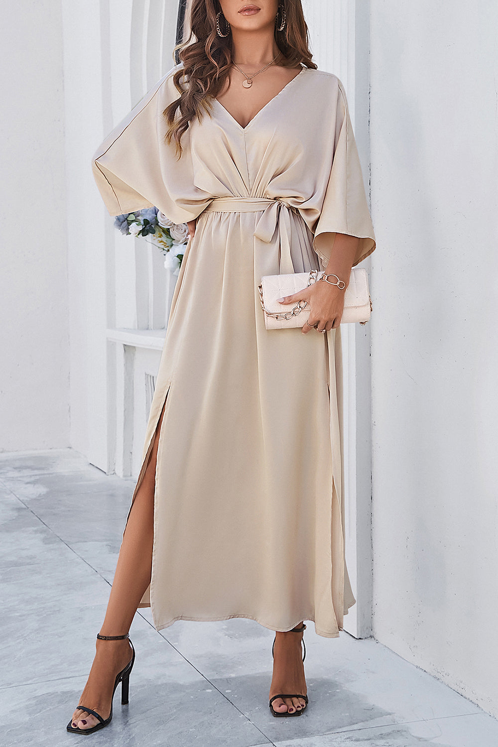 Slit Tied V-Neck Three-Quarter Sleeve Dress