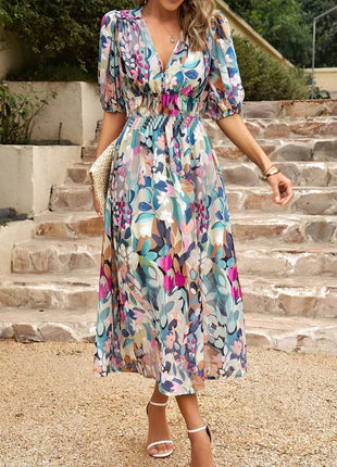 Printed Puff Sleeve Midi Dress - MimiStylez