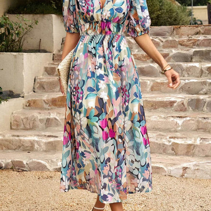 Printed Puff Sleeve Midi Dress - MimiStylez