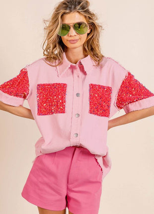 BiBi Sequin Detail Raw Hem Short Sleeve Shirt - MimiStylez