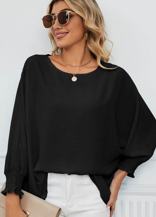 Smocked Lantern Sleeve Round Neck Blouse - MimiStylez