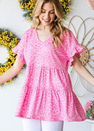 Heimish Full Size Leopard Ruffle Trim Short Sleeve Top - MimiStylez