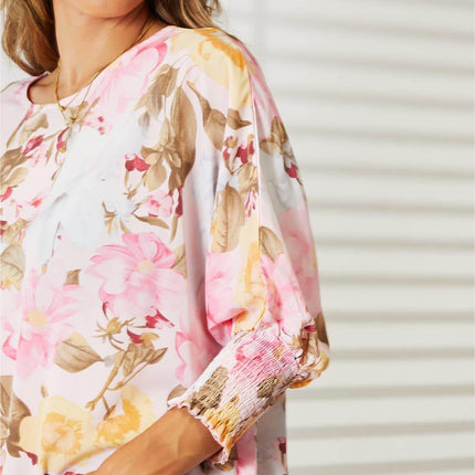 Double Take Floral Round Neck Three-Quarter Sleeve Top - MimiStylez