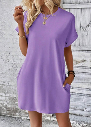Pocketed Round Neck Short Sleeve Dress - MimiStylez