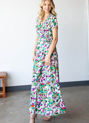 First Love Slit Printed Surplice Tie Waist Short Sleeve Dress - MimiStylez