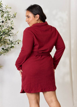 Culture Code Full Size Tie Front Half Zip Long Sleeve Shirt Dress - MimiStylez