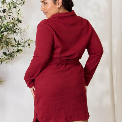 Culture Code Full Size Tie Front Half Zip Long Sleeve Shirt Dress - MimiStylez