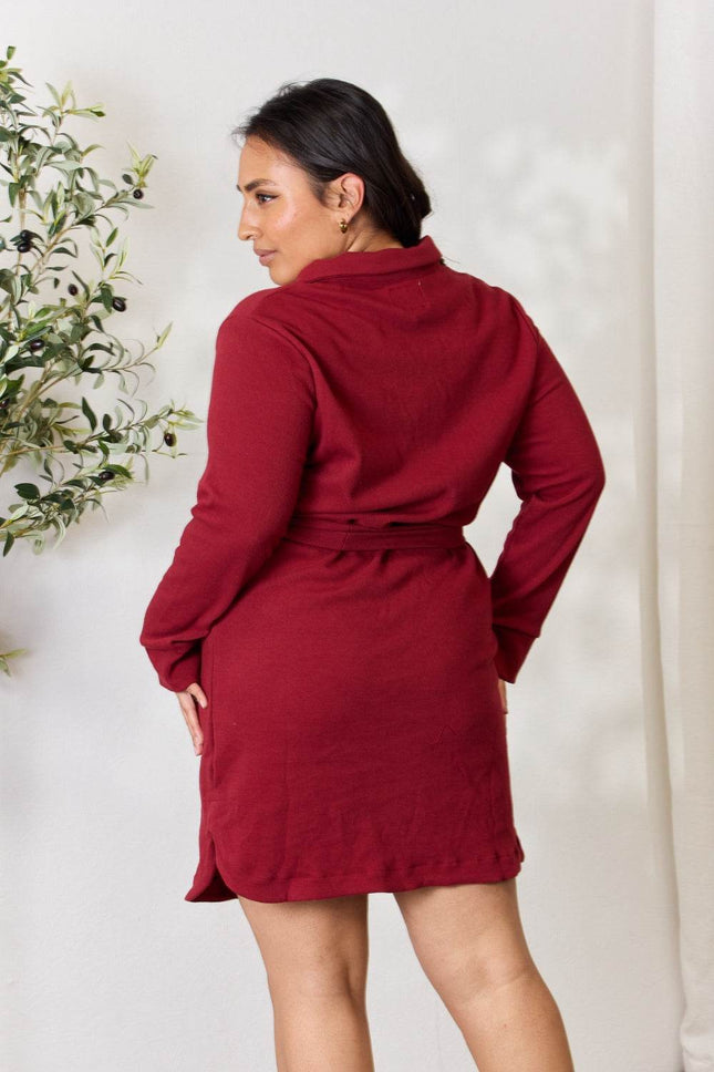 Culture Code Full Size Tie Front Half Zip Long Sleeve Shirt Dress - MimiStylez