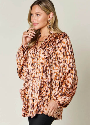 Double Take Full Size Printed Ruffle Trim Balloon Sleeve Shirt - MimiStylez