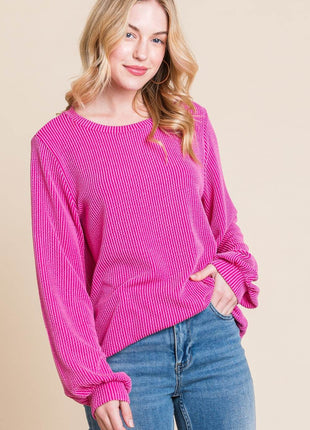 BOMBOM Long Sleeve Curved Hem Ribbed T-Shirt - MimiStylez